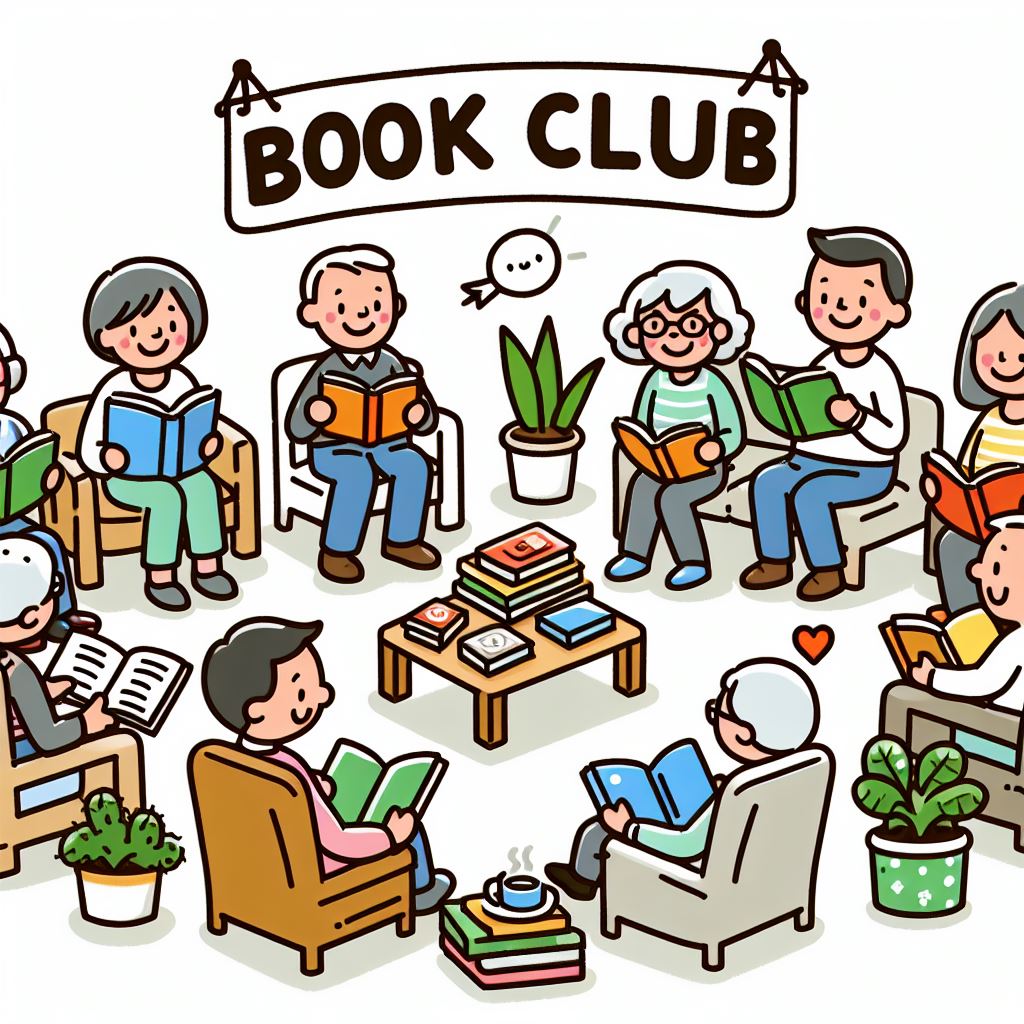 A lively group of people enjoying books.
