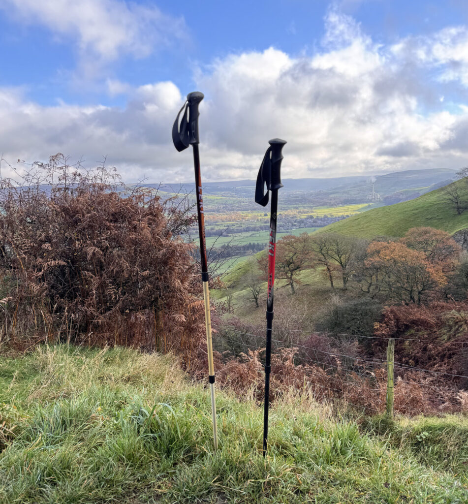 A landscape framed with two walking poles