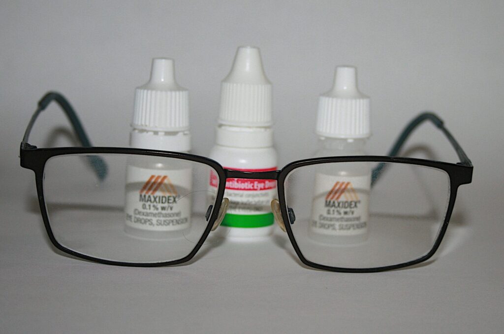The result of a cataract operation, no need to use the glasses but lots of drops!